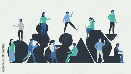 Diverse group of people interacting on abstract shapes representing community and connection.