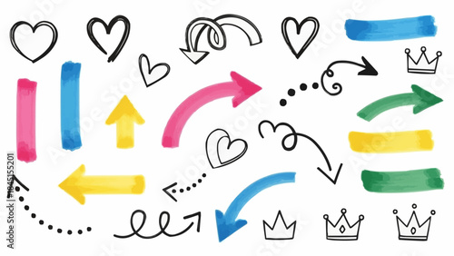 Collection of Hand Drawn Arrows Hearts and Crowns with Watercolor Accents.