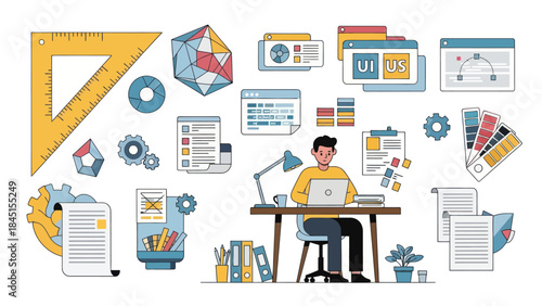 Young man working on laptop at desk surrounded by design tools and documents.