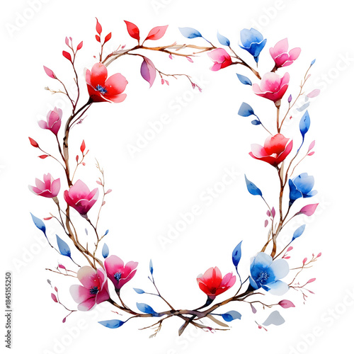 Wildflowers round watercolor wreath isolated illustration with thin spikelet and twig. Generative AI.