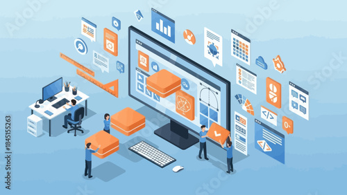 Isometric Digital Marketing and Business Analytics Concept.