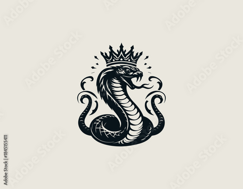 Royal king cobra with crown is portrayed as a powerful modern black vector logo illustration