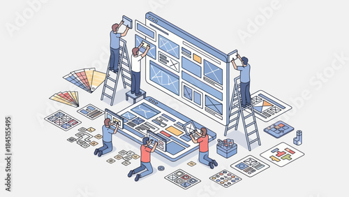 Team of designers collaborating on a website interface design project.