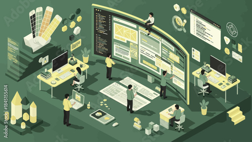 Team of Developers Working on a Large Curved Screen.