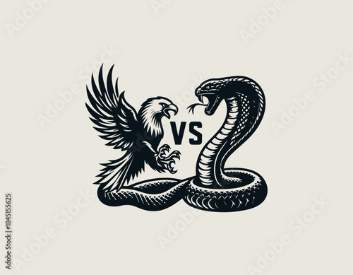 Epic eagle versus king cobra confrontation is presented as a bold black vector logo illustration
