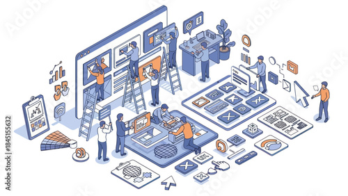 Team of people collaborating on digital interface design and development.