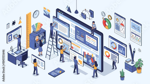 Team of people working on a large digital interface.