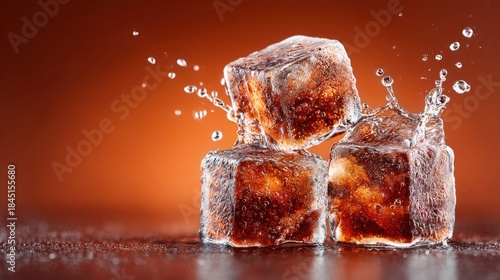 Refreshing Ice Cubes with Splash and Water Droplets on a Brown Background