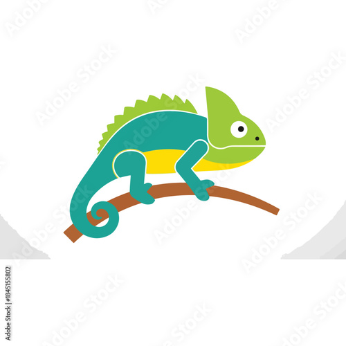 Vibrant cartoon chameleon character with green turquoise yellow colors.