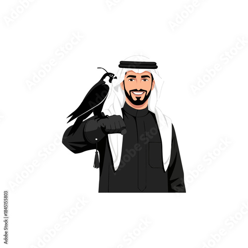 Smiling Arab man in traditional dress holding a falcon, a symbol of heritage and pride