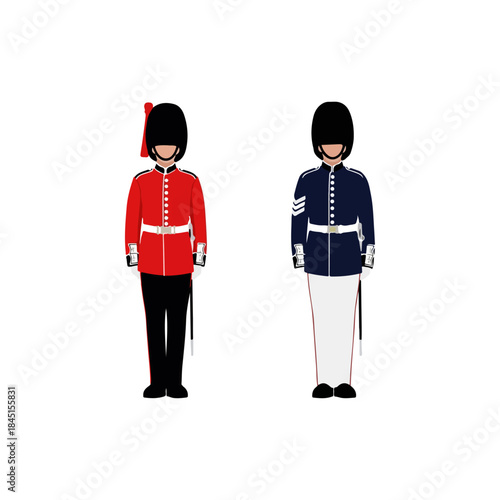 Two ceremonial guards in red and blue uniforms.