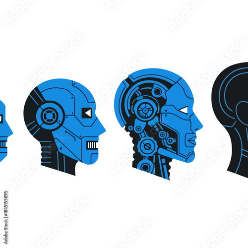 Blue Robotic Heads in a Row Represent Futuristic Intelligence.