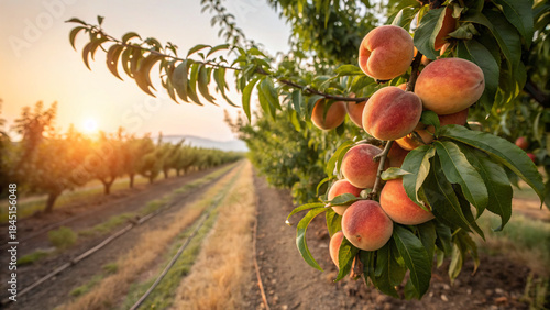 Peach tree at sunset with ripe fruit ready for harvest in orchard landscape