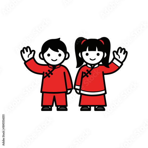 Cute cartoon children in traditional Chinese New Year outfits waving hello.