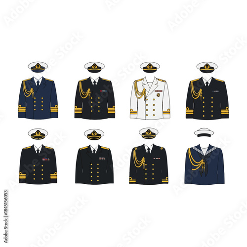 Collection of ceremonial naval officer dress uniforms on display.