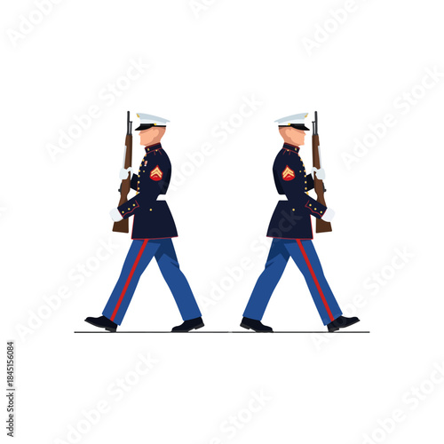 Two Guards in Uniform Carrying Rifles Walking.