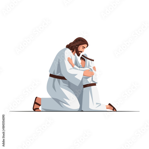 Jesus Christ tenderly embracing a small child, offering solace, comfort, and spiritual guidance