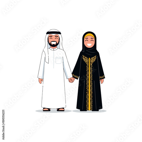 Happy Arab Couple Holding Hands Dressed in Traditional Islamic Clothing Featuring Kandura and Abaya Illustrations