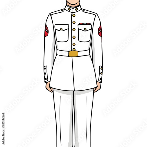 Illustration of a ceremonial white military dress uniform on a standing figure.