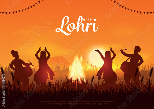 Happy Lohri festival of Punjab India background with sunset background and people dancing. Creative vector illustration design for banner, poster.