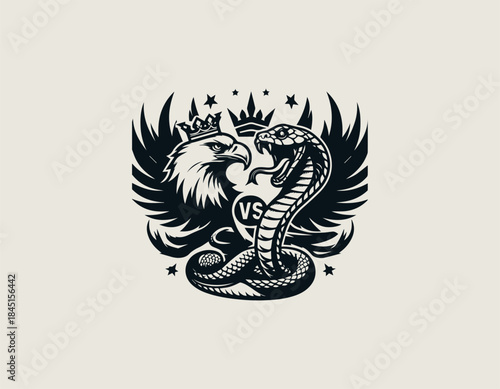 Epic eagle versus king cobra confrontation is presented as a bold black vector logo illustration