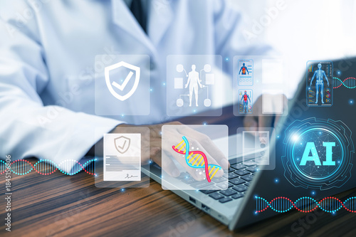 Doctor use AI artificial intelligence to analyze clinical data and support healthcare technology.