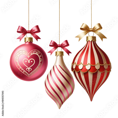 Three Christmas ornaments with a small golden bow, elegant holiday theme, transparent background, Generative AI