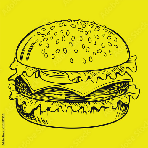 Detailed black outline drawing of a classic hamburger with sesame bun, cheese, lettuce, and tomato on a vibrant yellow background.