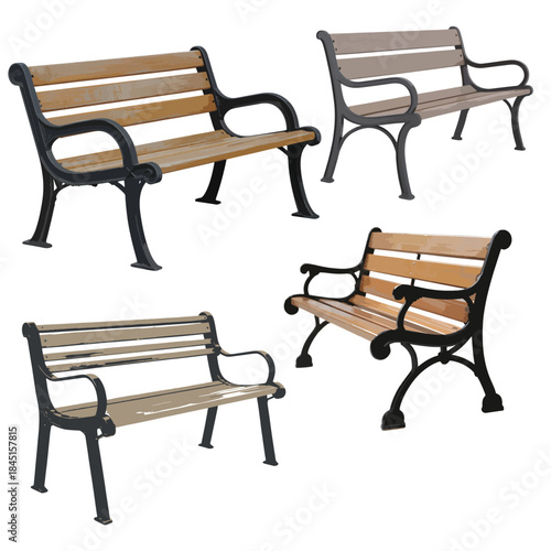 Classic wooden park bench with ornate black metal frame