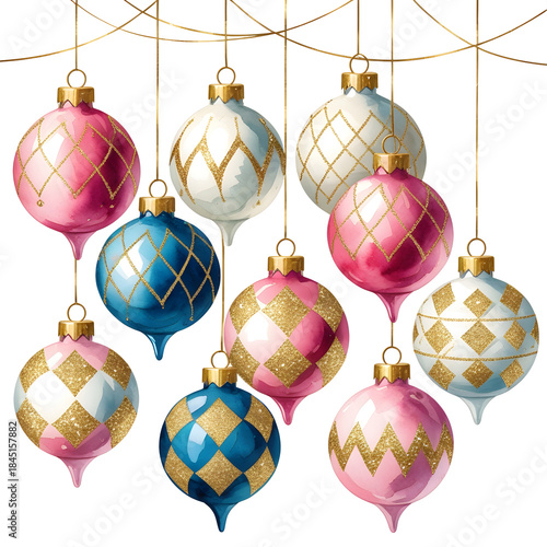 Christmas ornaments with geometric patterns hang from gold strings on a transparent background, Generative AI