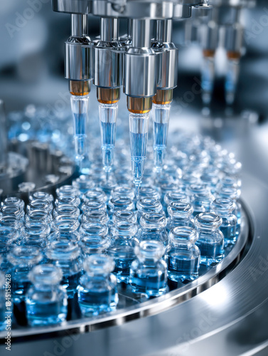 Automated precision filling of medical vials with blue liquid in a sterile pharmaceutical production environment for vaccine or medicine manufacturing