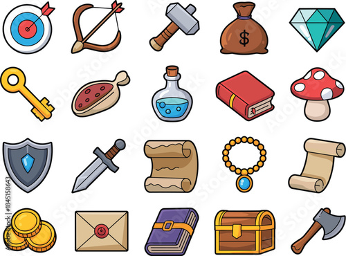 Lineup of five school and travel backpacks in a monochrome outline style with a single black silhouette contrast, representing student uniform, urban luggage, education, and casual daypacks vector set