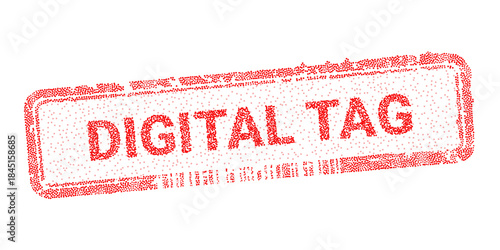 Digital tag stamp vector with red dotted texture. Electronic tech seal for data verification, e-commerce marketing, internet business tracking and smart web labels using geometric dot mosaic style