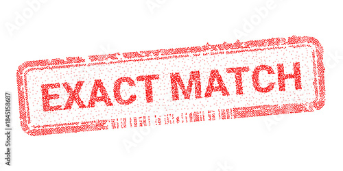 Red vector digital stamp with Exact match text composed of dots. Dotted technology seal for business data analysis, marketing seo search and e-commerce verification concept.