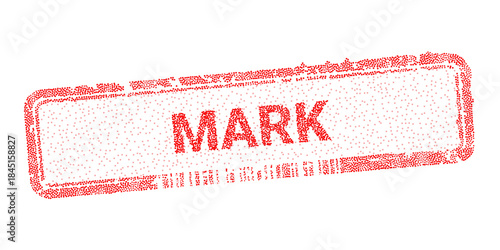 Mark digital stamp vector illustration with dotted texture. Red tech seal for e-commerce, data verification and electronic authorization. Abstract pixel art effect for business security design.
