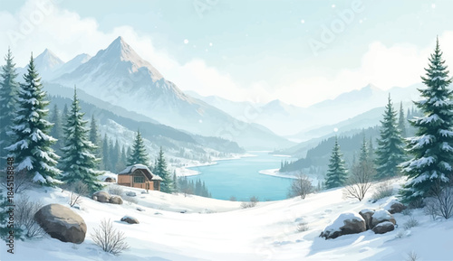 Pound in center of snowy landscape,Frozen winter landscape with mountains, forest, and ice-covered lake or river for ice skating. Beautiful wild nature in snowy weather.