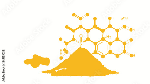 Yellow powder pile with complex molecular structure formula on white background, illustrating chemical compound and scientific research concept