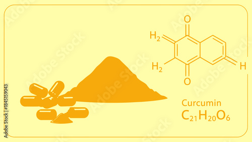 Curcumin powder and capsules with molecular formula on yellow background for health and nutrition concepts