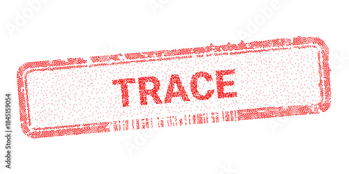 Red dotted vector trace stamp for digital technology and electronic commerce. Abstract pointillism seal design for tracking data and logistics verification concepts.