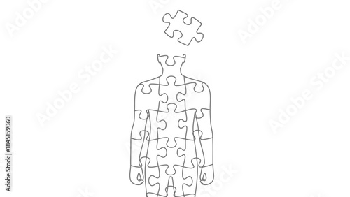 A puzzle piece human figure with a missing top piece floating above, symbolizing mental health, self discovery, and wholeness