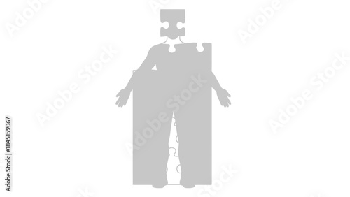 A gray silhouette of a person with puzzle pieces completing their body and head standing alone on white background with arms outstretched