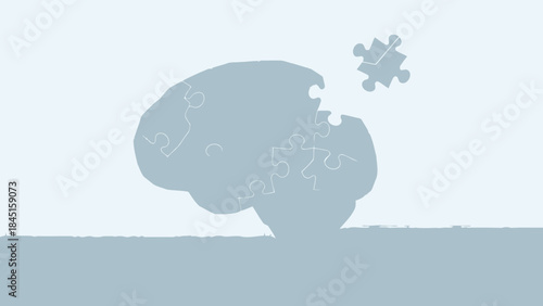 A gray silhouette of a human brain with missing puzzle pieces floating away on a white background representing mental health and cognitive challenges