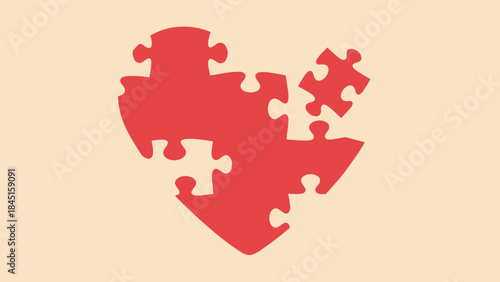 Red heart shaped puzzle pieces on beige background, symbolizing love and unity, puzzle heart with missing pieces