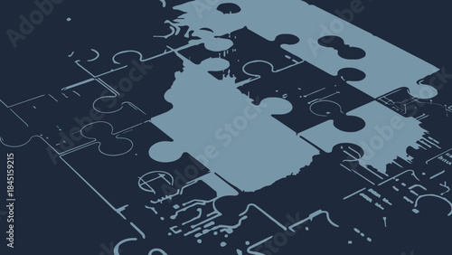 A puzzle piece partially completed jigsaw with missing sections on a dark blue background