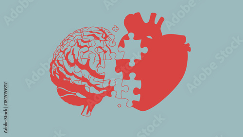 A red brain and heart with puzzle pieces connecting them symbolizing emotional intelligence and mental health on a light blue background