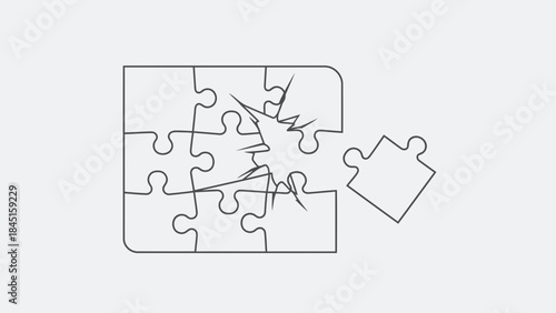 A line drawing of a mostly complete jigsaw puzzle with one missing piece and cracked sections symbolizing disintegration or unsolved problems