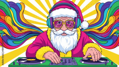 Santa Claus as a DJ, wearing headphones and sunglasses, mixing music on turntables with a vibrant, colorful, psychedelic background.