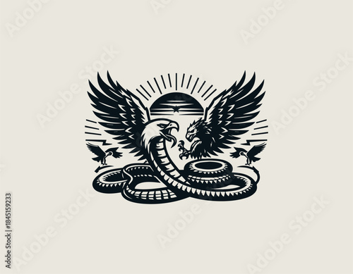 Epic eagle versus king cobra confrontation is presented as a bold black vector logo illustration
