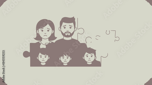 Disheveled family with puzzle pieces representing disintegration and confusion in a flat illustration style