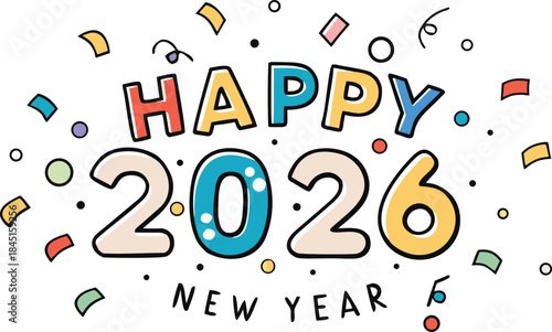 Circle confetti falling around Happy New Year 2026 celebration on clean white background, colorful festive party decoration with joyful motion, abstract holiday greeting design for banners, cards